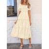 imagePRETTYGARDEN Womens 2026 Summer Casual Midi Dresses Square Neck Short Sleeve Smocked A Line Floral Flowy Elegant Boho DressBeige