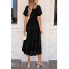 imagePRETTYGARDEN Womens 2026 Summer Casual Midi Dresses Square Neck Short Sleeve Smocked A Line Floral Flowy Elegant Boho DressBlack