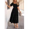 imagePRETTYGARDEN Womens 2026 Summer Casual Midi Dresses Square Neck Short Sleeve Smocked A Line Floral Flowy Elegant Boho DressBlack