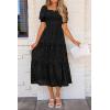 imagePRETTYGARDEN Womens 2026 Summer Casual Midi Dresses Square Neck Short Sleeve Smocked A Line Floral Flowy Elegant Boho DressBlack