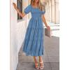 imagePRETTYGARDEN Womens 2026 Summer Casual Midi Dresses Square Neck Short Sleeve Smocked A Line Floral Flowy Elegant Boho DressBlue