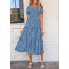 imagePRETTYGARDEN Womens 2026 Summer Casual Midi Dresses Square Neck Short Sleeve Smocked A Line Floral Flowy Elegant Boho DressBlue