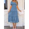 imagePRETTYGARDEN Womens 2026 Summer Casual Midi Dresses Square Neck Short Sleeve Smocked A Line Floral Flowy Elegant Boho DressBlue