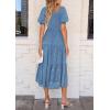 imagePRETTYGARDEN Womens 2026 Summer Casual Midi Dresses Square Neck Short Sleeve Smocked A Line Floral Flowy Elegant Boho DressBlue