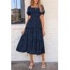 imagePRETTYGARDEN Womens 2026 Summer Casual Midi Dresses Square Neck Short Sleeve Smocked A Line Floral Flowy Elegant Boho DressDark Blue