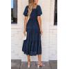 imagePRETTYGARDEN Womens 2026 Summer Casual Midi Dresses Square Neck Short Sleeve Smocked A Line Floral Flowy Elegant Boho DressDark Blue