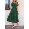 imagePRETTYGARDEN Womens 2026 Summer Casual Midi Dresses Square Neck Short Sleeve Smocked A Line Floral Flowy Elegant Boho DressDark Green