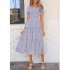 imagePRETTYGARDEN Womens 2026 Summer Casual Midi Dresses Square Neck Short Sleeve Smocked A Line Floral Flowy Elegant Boho DressGrey Blue
