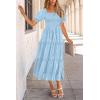 imagePRETTYGARDEN Womens 2026 Summer Casual Midi Dresses Square Neck Short Sleeve Smocked A Line Floral Flowy Elegant Boho DressLight Blue