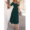imagePRETTYGARDEN Womens 2026 Summer Casual Midi Dresses Square Neck Short Sleeve Smocked A Line Floral Flowy Elegant Boho DressMalachite Green
