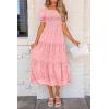 imagePRETTYGARDEN Womens 2026 Summer Casual Midi Dresses Square Neck Short Sleeve Smocked A Line Floral Flowy Elegant Boho DressPink
