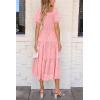 imagePRETTYGARDEN Womens 2026 Summer Casual Midi Dresses Square Neck Short Sleeve Smocked A Line Floral Flowy Elegant Boho DressPink