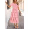 imagePRETTYGARDEN Womens 2026 Summer Casual Midi Dresses Square Neck Short Sleeve Smocked A Line Floral Flowy Elegant Boho DressPink