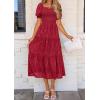 imagePRETTYGARDEN Womens 2026 Summer Casual Midi Dresses Square Neck Short Sleeve Smocked A Line Floral Flowy Elegant Boho DressRed