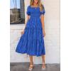 imagePRETTYGARDEN Womens 2026 Summer Casual Midi Dresses Square Neck Short Sleeve Smocked A Line Floral Flowy Elegant Boho DressRoyal Blue