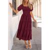 imagePRETTYGARDEN Womens 2026 Summer Casual Midi Dresses Square Neck Short Sleeve Smocked A Line Floral Flowy Elegant Boho DressWine Red