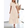 imagePRETTYGARDEN Womens 2026 Summer Maxi Dress Short Sleeve V Neck Hollow Out Eyelet A Line Long Flowy Beach Vacation DressesBeige