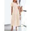 imagePRETTYGARDEN Womens 2026 Summer Maxi Dress Short Sleeve V Neck Hollow Out Eyelet A Line Long Flowy Beach Vacation DressesBeige
