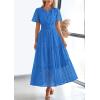 imagePRETTYGARDEN Womens 2026 Summer Maxi Dress Short Sleeve V Neck Hollow Out Eyelet A Line Long Flowy Beach Vacation DressesBlue