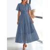 imagePRETTYGARDEN Womens 2026 Summer Maxi Dress Short Sleeve V Neck Hollow Out Eyelet A Line Long Flowy Beach Vacation DressesDusty Blue