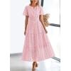 imagePRETTYGARDEN Womens 2026 Summer Maxi Dress Short Sleeve V Neck Hollow Out Eyelet A Line Long Flowy Beach Vacation DressesPink