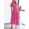 imagePRETTYGARDEN Womens 2026 Summer Maxi Dress Short Sleeve V Neck Hollow Out Eyelet A Line Long Flowy Beach Vacation DressesRose Red