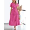 imagePRETTYGARDEN Womens 2026 Summer Maxi Dress Short Sleeve V Neck Hollow Out Eyelet A Line Long Flowy Beach Vacation DressesRose Red