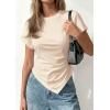 imagePRETTYGARDEN Womens Asymmetrical Tops 2026 Spring Summer Going Out Shirts Y2K Short Sleeve Crew Neck Ruched Trendy ClothesBeige
