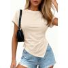 imagePRETTYGARDEN Womens Asymmetrical Tops 2026 Spring Summer Going Out Shirts Y2K Short Sleeve Crew Neck Ruched Trendy ClothesBeige