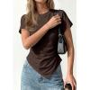 imagePRETTYGARDEN Womens Asymmetrical Tops 2026 Spring Summer Going Out Shirts Y2K Short Sleeve Crew Neck Ruched Trendy ClothesBrown