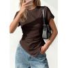 imagePRETTYGARDEN Womens Asymmetrical Tops 2026 Spring Summer Going Out Shirts Y2K Short Sleeve Crew Neck Ruched Trendy ClothesBrown