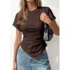 imagePRETTYGARDEN Womens Asymmetrical Tops 2026 Spring Summer Going Out Shirts Y2K Short Sleeve Crew Neck Ruched Trendy ClothesBrown