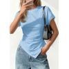 imagePRETTYGARDEN Womens Asymmetrical Tops 2026 Spring Summer Going Out Shirts Y2K Short Sleeve Crew Neck Ruched Trendy ClothesLight Blue