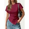 imagePRETTYGARDEN Womens Asymmetrical Tops 2026 Spring Summer Going Out Shirts Y2K Short Sleeve Crew Neck Ruched Trendy ClothesWine Red