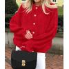 imagePRETTYGARDEN Womens Cropped Cardigans Trendy 2026 Ruffle Open Front Chunky Knit Sweater Oversized Button Down Fall ClothesRed