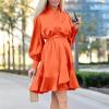 imagePRETTYGARDEN Womens Fall Long Puff Sleeve Satin Dress V Neck Ruffle A Line Short Flowy Dresses OrangeLarge