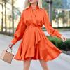 imagePRETTYGARDEN Womens Fall Long Puff Sleeve Satin Dress V Neck Ruffle A Line Short Flowy Dresses OrangeLarge