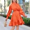 imagePRETTYGARDEN Womens Fall Long Puff Sleeve Satin Dress V Neck Ruffle A Line Short Flowy Dresses OrangeLarge