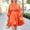 imagePRETTYGARDEN Womens Fall Long Puff Sleeve Satin Dress V Neck Ruffle A Line Short Flowy Dresses OrangeLarge