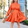imagePRETTYGARDEN Womens Fall Long Puff Sleeve Satin Dress V Neck Ruffle A Line Short Flowy Dresses OrangeLarge