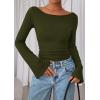 imagePRETTYGARDEN Womens Long Sleeve Shirts 2026 Spring Crop Going Out Tops Casual Boat Neck Bell Sleeve Ribbed Ruched Y2K ClothesArmy Green