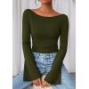 imagePRETTYGARDEN Womens Long Sleeve Shirts 2026 Spring Crop Going Out Tops Casual Boat Neck Bell Sleeve Ribbed Ruched Y2K ClothesArmy Green