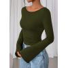 imagePRETTYGARDEN Womens Long Sleeve Shirts 2026 Spring Crop Going Out Tops Casual Boat Neck Bell Sleeve Ribbed Ruched Y2K ClothesArmy Green