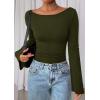 imagePRETTYGARDEN Womens Long Sleeve Shirts 2026 Spring Crop Going Out Tops Casual Boat Neck Bell Sleeve Ribbed Ruched Y2K ClothesArmy Green