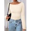 imagePRETTYGARDEN Womens Long Sleeve Shirts 2026 Spring Crop Going Out Tops Casual Boat Neck Bell Sleeve Ribbed Ruched Y2K ClothesBeige