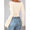 imagePRETTYGARDEN Womens Long Sleeve Shirts 2026 Spring Crop Going Out Tops Casual Boat Neck Bell Sleeve Ribbed Ruched Y2K ClothesBeige