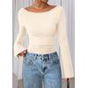imagePRETTYGARDEN Womens Long Sleeve Shirts 2026 Spring Crop Going Out Tops Casual Boat Neck Bell Sleeve Ribbed Ruched Y2K ClothesBeige