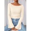 imagePRETTYGARDEN Womens Long Sleeve Shirts 2026 Spring Crop Going Out Tops Casual Boat Neck Bell Sleeve Ribbed Ruched Y2K ClothesBeige