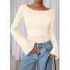imagePRETTYGARDEN Womens Long Sleeve Shirts 2026 Spring Crop Going Out Tops Casual Boat Neck Bell Sleeve Ribbed Ruched Y2K ClothesBeige