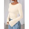imagePRETTYGARDEN Womens Long Sleeve Shirts 2026 Spring Crop Going Out Tops Casual Boat Neck Bell Sleeve Ribbed Ruched Y2K ClothesBeige